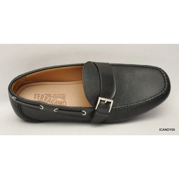 Salvatore Ferragamo Italy Pebbled Leather Moc Driving Loafer Slip-On Black 9 New